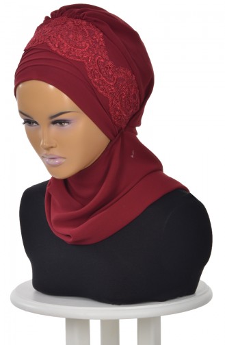 Turban Prêt en Mousseline a Dentelle Bordeaux HT0053-7 0053-7