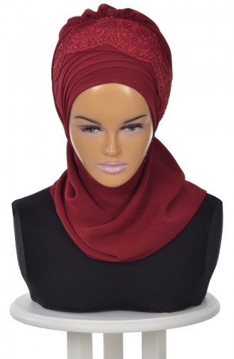 Turban Prêt en Mousseline a Dentelle Bordeaux HT0053-7 0053-7