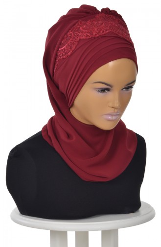 Turban Prêt en Mousseline a Dentelle Bordeaux HT0053-7 0053-7