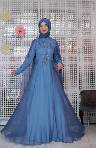 Güpürlü Pelerinli Abiye Elbise 0123-01 Mavi