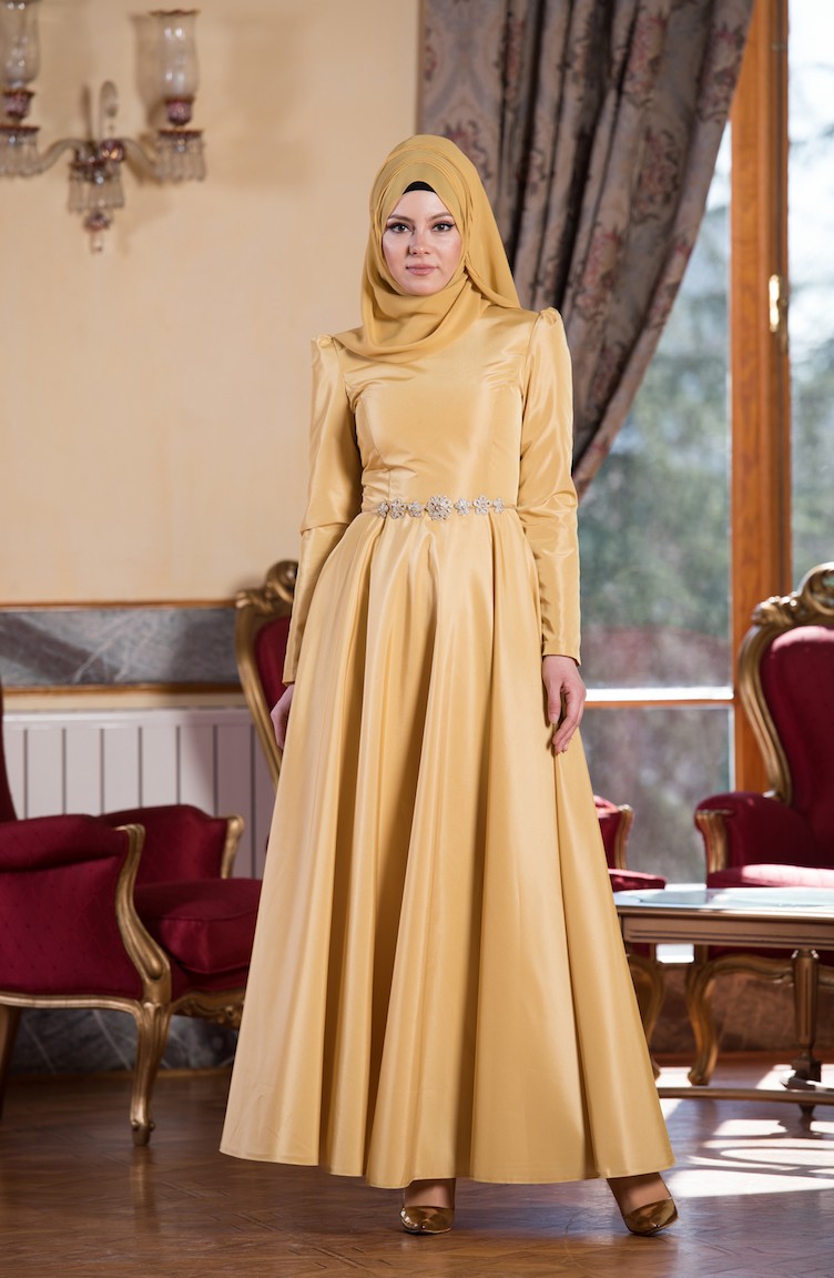 Yellow Hijab Evening Dress 001002 Sefamerve