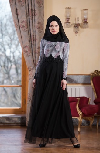 Gray Hijab Evening Dress 3841-01
