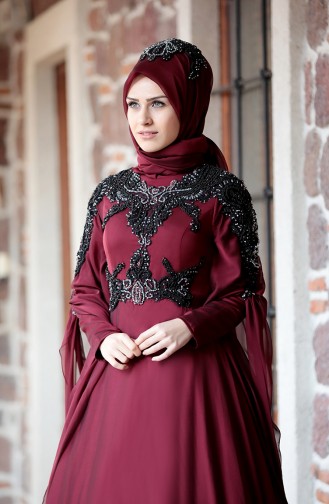 Claret Red Hijab Evening Dress 0124-03