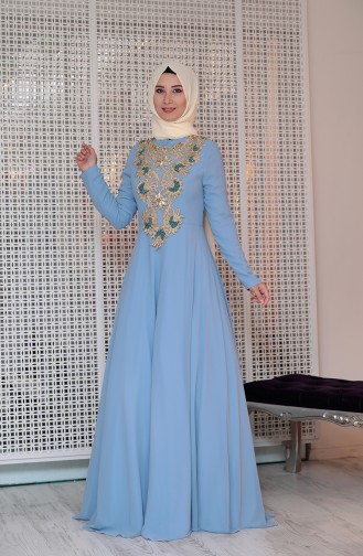 Boncuk İşlemeli Dantelli Abiye Elbise 0128-01 Bebe Mavi