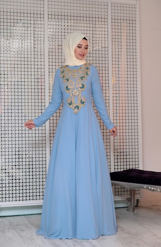 Robe de Soirée a Dentelle Bordée de Perles 0128-01 Bleu Bébé 0128-01