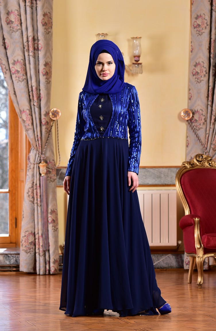 Navy Blue Hijab Evening Dress 1713173-03 | Sefamerve
