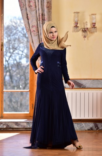 Navy Blue İslamitische Avondjurk 1613953-04