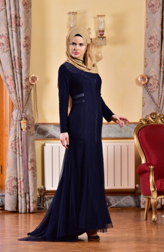 Navy Blue İslamitische Avondjurk 1613953-04