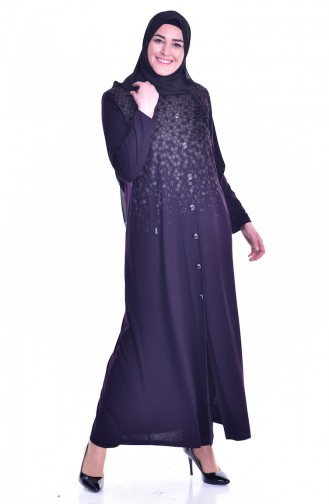Gemustertes Hijab Mantel mit Knöpfen 1010-01 Zwetschge 1010-01