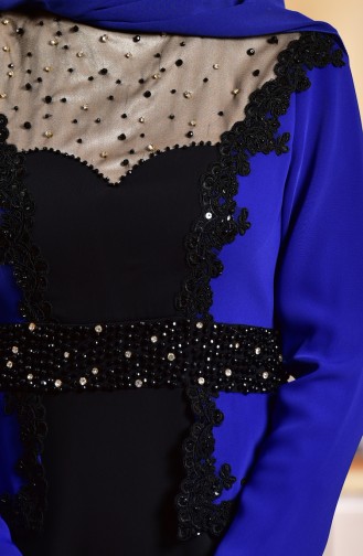 Robe de Soirée a Dentelle et Perles 1713223-01 Bleu Roi Noir 1713223-01