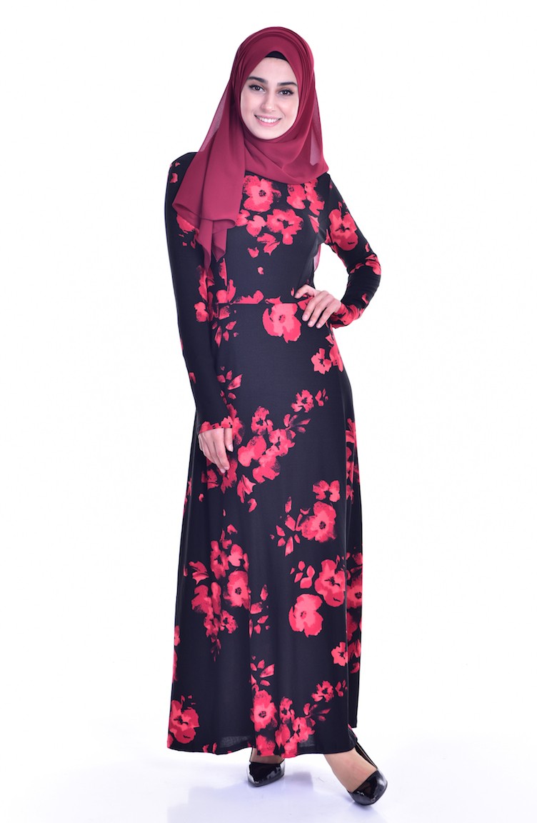 Desenli Elbise 7740B-01 Siyah