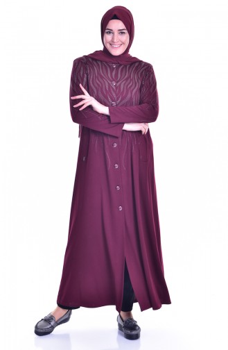 Bedrucktes Hijab Mantel mit Knöpfen 1009-02 Weinrot 1009-02