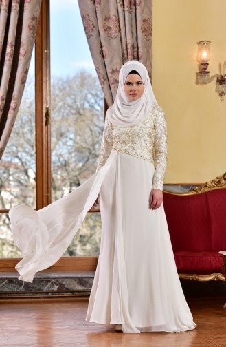 Ecru Hijab Evening Dress 1713218-02