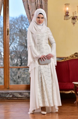 Ecru Hijab Evening Dress 52692-03