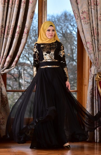 Gold Hijab Evening Dress 1713221-02
