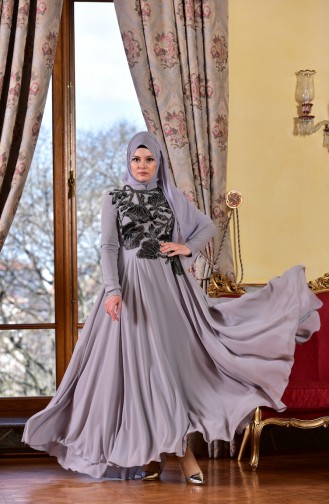 Gray Hijab Evening Dress 8013-02