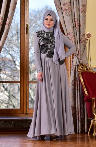 Gray Hijab Evening Dress 8013-02