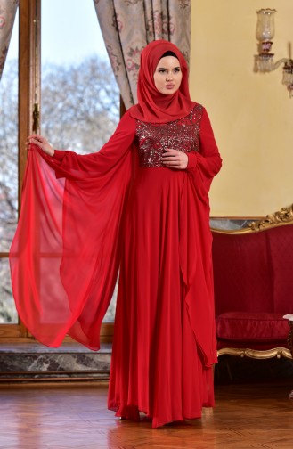 Taş Baskılı Abiye Elbise 1713188-02 Kırmızı