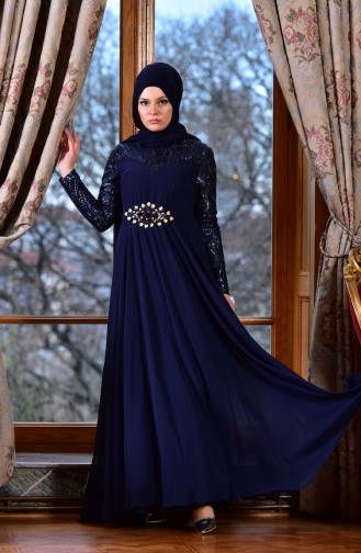 Navy Blue Hijab Evening Dress 1713186-03