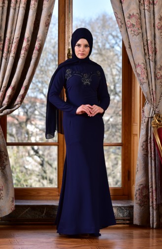 Navy Blue Hijab Evening Dress 1713182-03