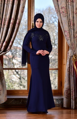 Navy Blue İslamitische Avondjurk 1713182-03