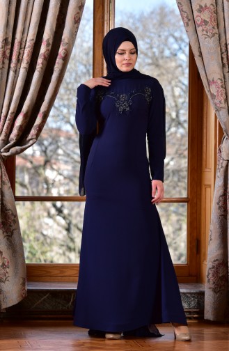 Navy Blue Hijab Evening Dress 1713182-03
