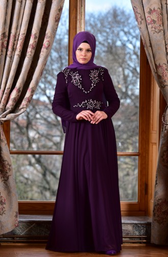 Purple Hijab Evening Dress 8000-03