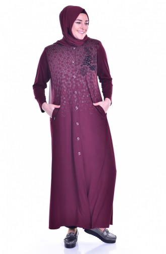 Gemustertes Hijab Mantel mit Knöpfen 1010-04 Weinrot 1010-04
