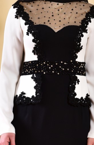 Robe de Soirée a Dentelle et Perles 1713223-03 Ecru Noir 1713223-03