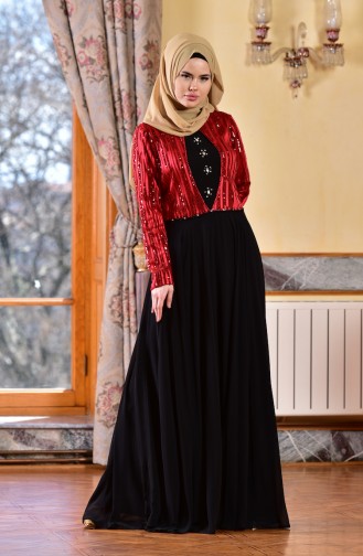 Robe de Soirée Paillette Mousseline 1713173-01 Rouge Noir 1713173-01