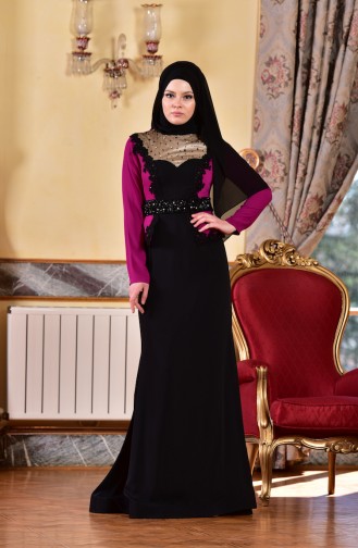 Robe de Soirée a Dentelle et Perles 1713223-02 Plum Noir 1713223-02