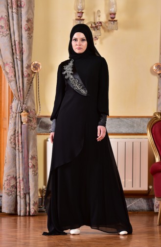 Robe de Soirée Asymétrique avec Pierre 1713201-01 Noir 1713201-01