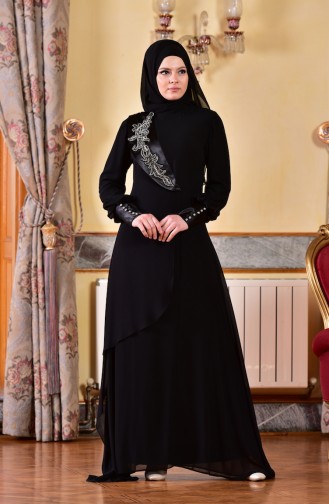 Robe de Soirée Asymétrique avec Pierre 1713201-01 Noir 1713201-01