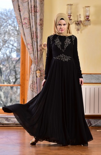 Robe de Soirée Lacée en Mousseline 8000-04 Noir 8000-04