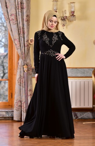 Robe de Soirée Lacée en Mousseline 8000-04 Noir 8000-04