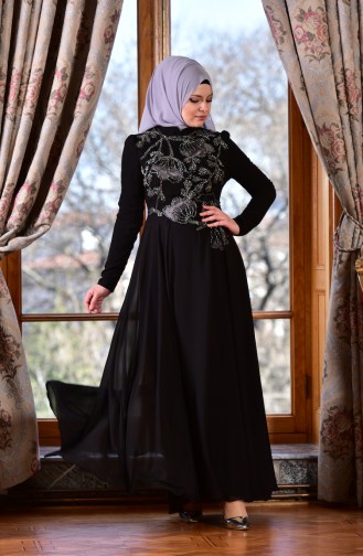 Black Hijab Evening Dress 8013-01