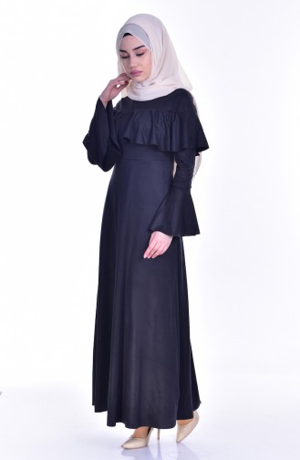 Volanlı Elbise 4116-01 Siyah