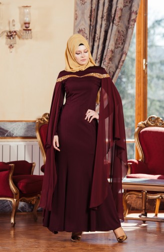 Claret Red Hijab Evening Dress 3346-06
