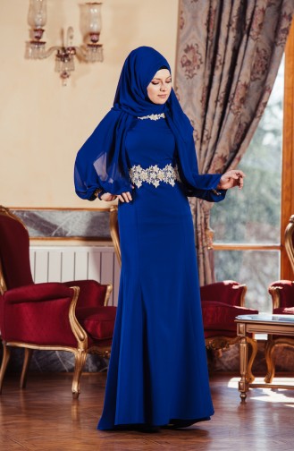 Saks-Blau Hijab-Abendkleider 1056-04