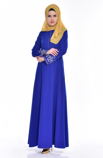 Düğme Detaylı Elbise 5103-07 Saks Mavisi
