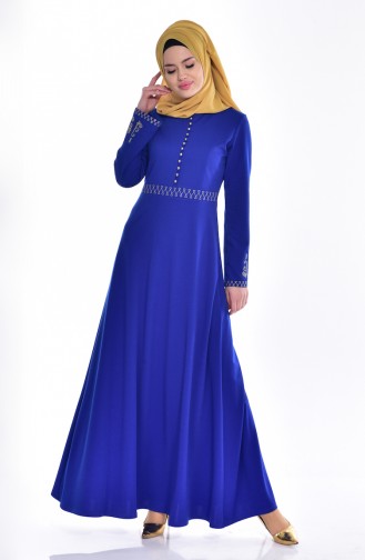 Düğme Detaylı Elbise 5103-07 Saks Mavisi