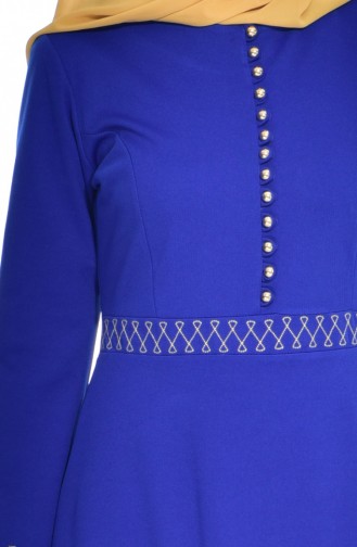 Düğme Detaylı Elbise 5103-07 Saks Mavisi