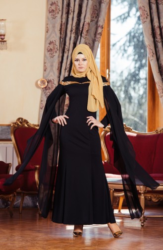 Black Hijab Evening Dress 3346-01