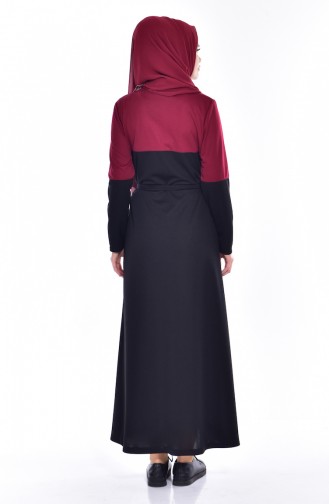 Garnili Kuşaklı Elbise 0006-01 Bordo Siyah