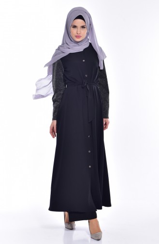 Abaya a Ceinture et Boutons-Pressions 0008-01 Noir 0008-01