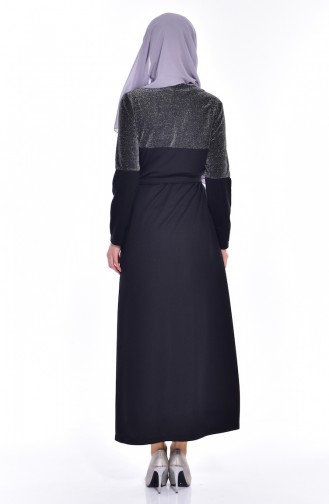 Garnili Kuşaklı Elbise 0006A-01 Gümüş Siyah