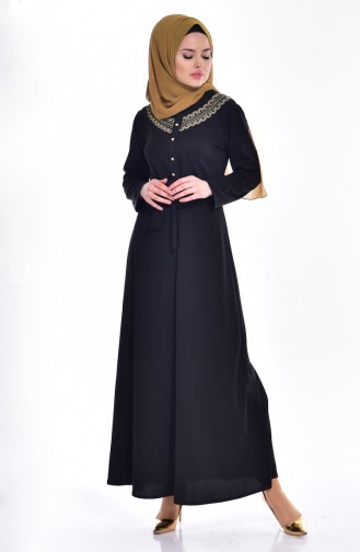 İşleme Detaylı Elbise 9001-01 Siyah
