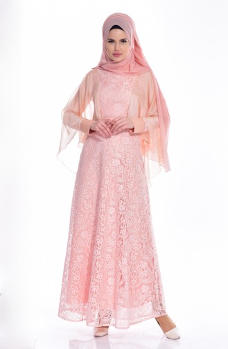 Salmon Hijab Evening Dress 1090-03