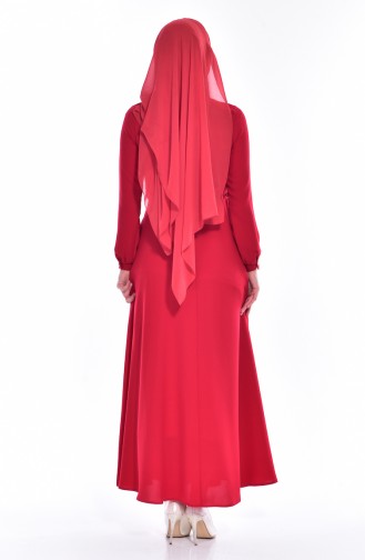 Kolyeli Kuşaklı Elbise 8138-01 Kırmızı