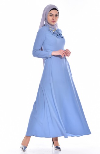 Kolyeli Kuşaklı Elbise 8138-06 Mavi